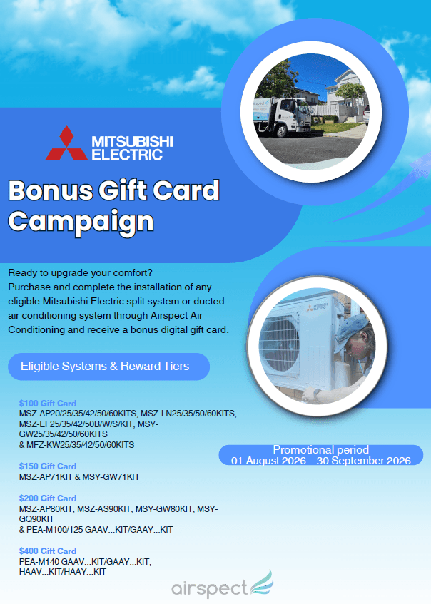 Mitsubishi Electric Bonus Gift Card Campaign flyer listing eligible systems and gift card values, promotional period 1 August 2026 to 30 September 2026