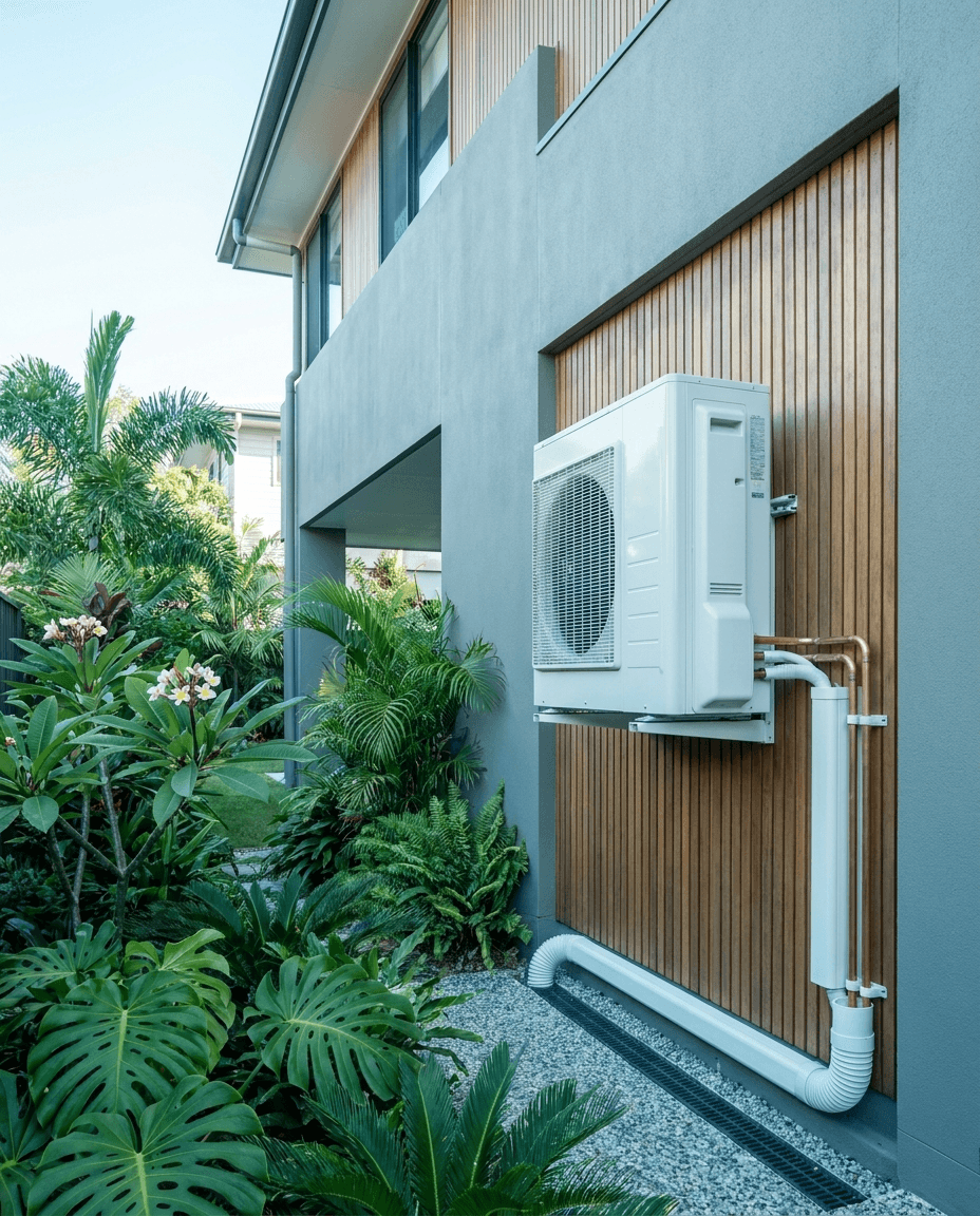 Newly installed outdoor air conditioning condenser on a Brisbane home