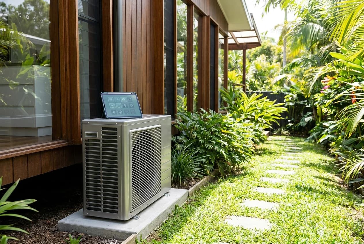 Well-maintained outdoor air conditioning unit beside a Brisbane home
