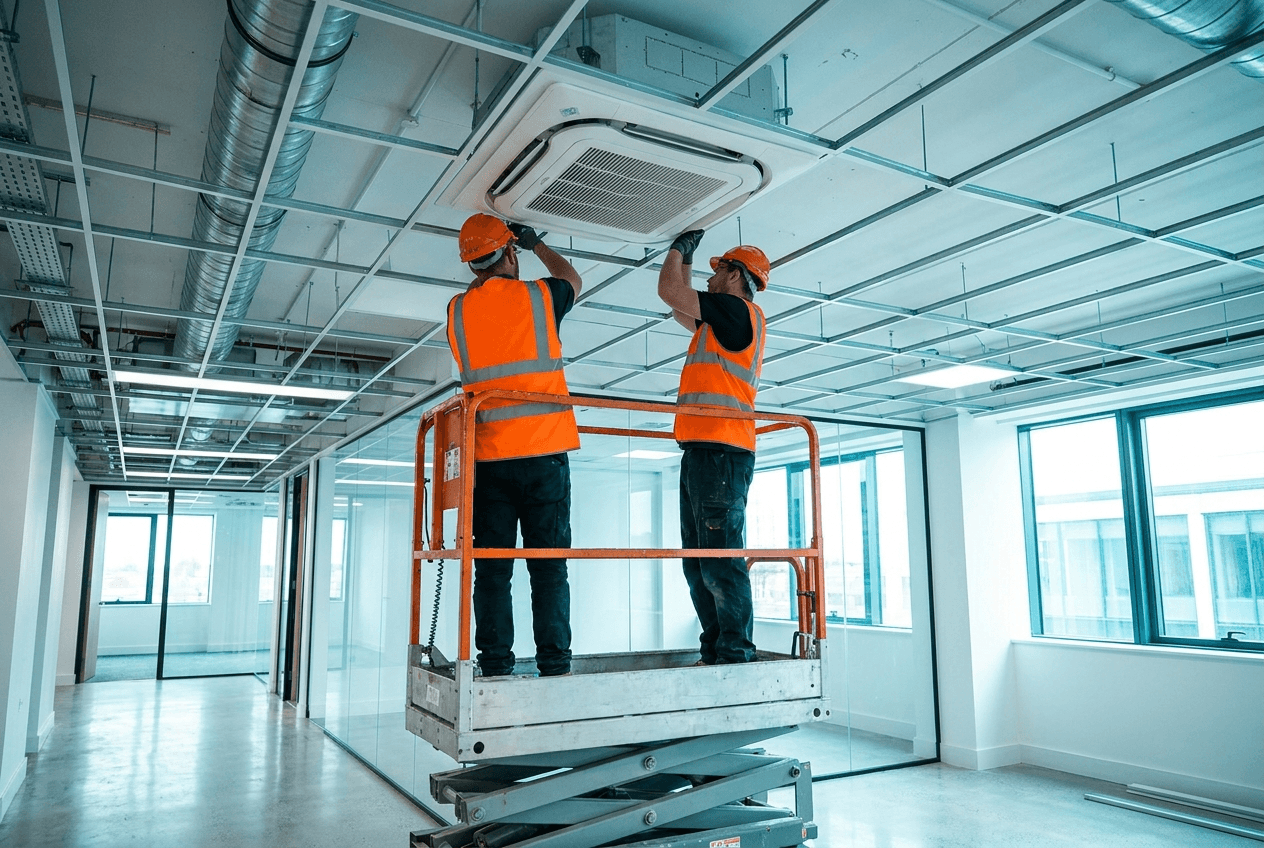 Installers fitting a commercial ceiling cassette in a Brisbane fit-out