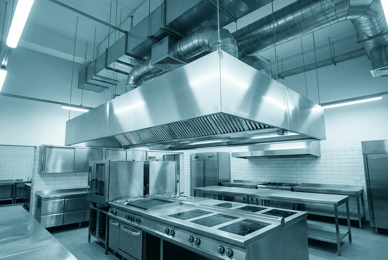 Commercial kitchen exhaust canopy and mechanical ventilation