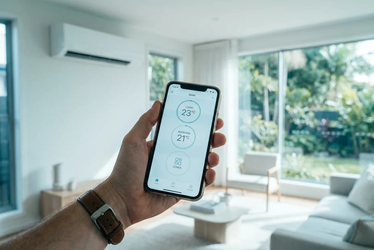 Air conditioning control app on a phone in a Brisbane home
