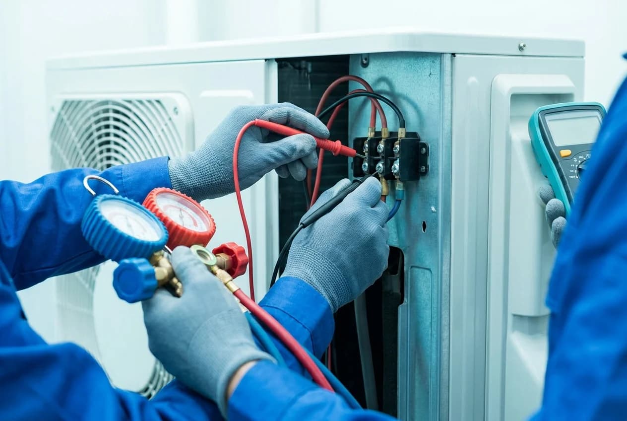 Technician diagnosing a faulty air conditioner with test equipment