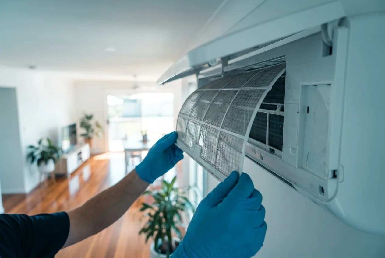 Technician servicing a split-system air conditioner in a Brisbane home