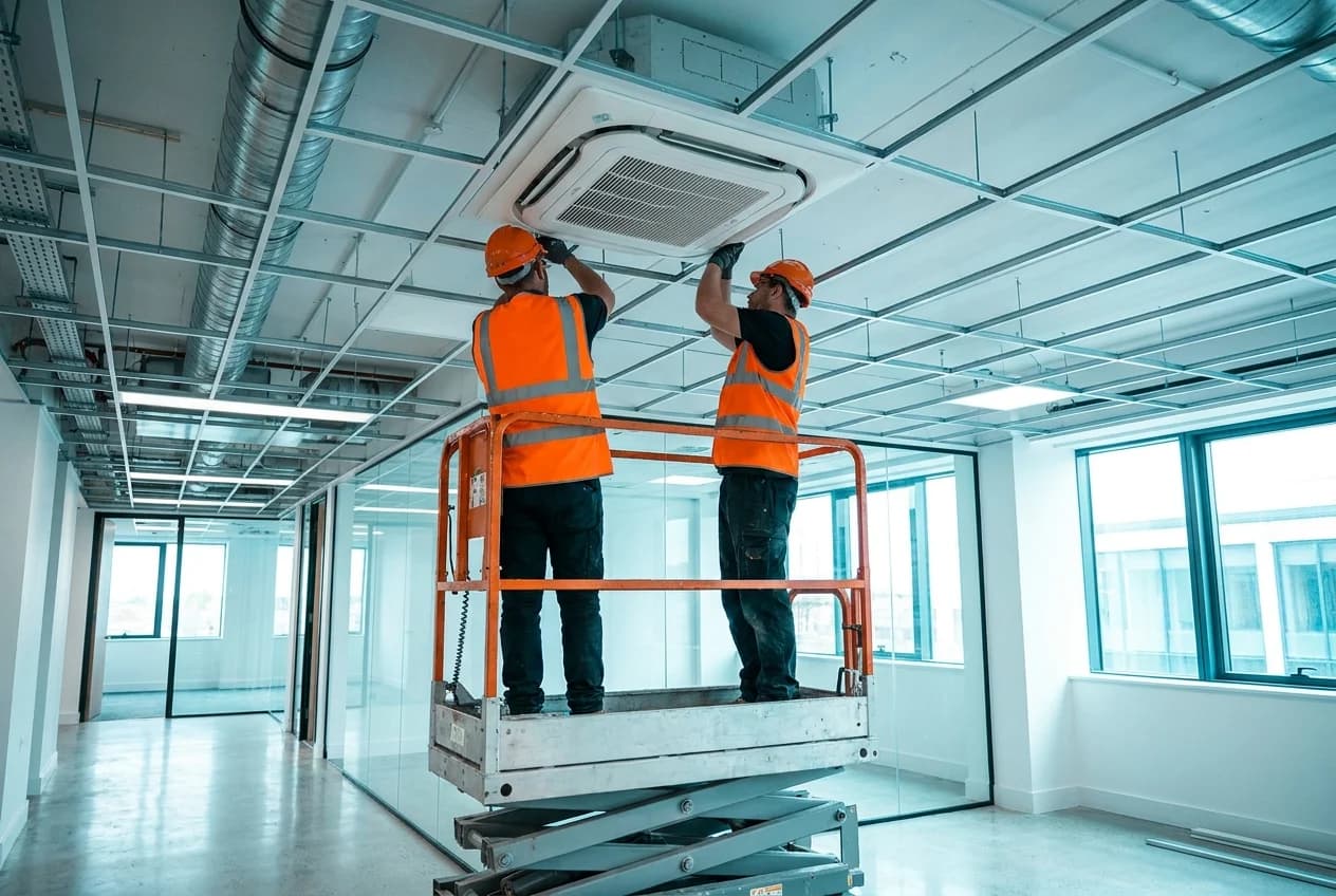 Installers fitting a commercial ceiling cassette in a Brisbane fit-out