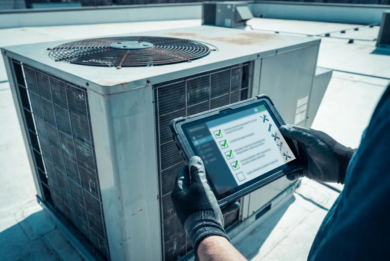 Commercial air conditioning maintenance on a rooftop plant
